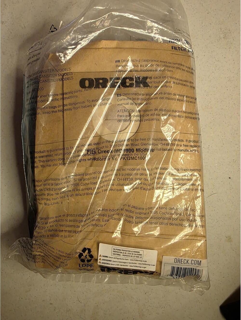 Oreck High Density Filter Bags MC1000 Canister Models 11 in Pack vacuum part